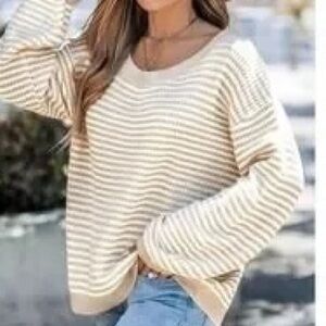 Elegant Off-the-Shoulder Striped Beige Sweater